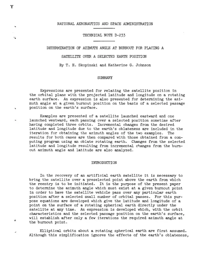 A page from Determination of Azimuth Angle at Burnout for Placing a Satellite Over a Selected Earth Position